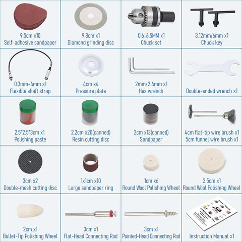 Compact Digital Jewelry Polisher And Bench Buffer With Solid Cast Iron Base For Home Shops And Dental Kits includes various attachments and tools.