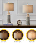 3 Way Dimmable Touch Control Table Lamp Set of 2 With USB Charging Ports for Bedroom and Living Room Vintage Rustic Farmhouse Nightstand Lamps Bulbs Included showing low, medium, and high light settings