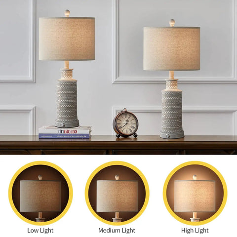 3 Way Dimmable Touch Control Table Lamp Set of 2 With USB Charging Ports for Bedroom and Living Room Vintage Rustic Farmhouse Nightstand Lamps Bulbs Included showing low, medium, and high light settings