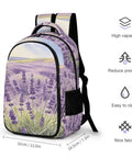 Purple Flower Valley Printed Unisex Backpack With Large Capacity Durable Polyester Daypack featuring smooth zipper and lavender design.