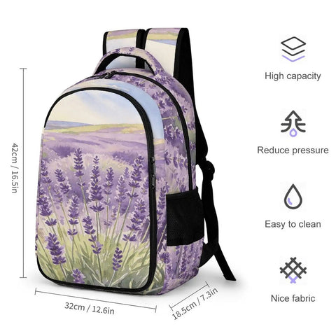 Purple Flower Valley Printed Unisex Backpack With Large Capacity Durable Polyester Daypack featuring smooth zipper and lavender design.