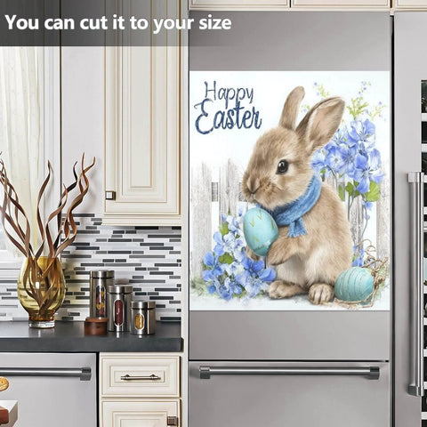 Cute Brown Bunny Egg Easter Magnetic Cover For Refrigerator Door And Dishwasher Front displayed on a kitchen fridge.