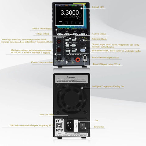 Front and back view of Beefy Benchtop Power Supply And Digital Multimeter Duo, 60V 10A 300W, with 2.8 Inch LCD and connections.