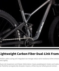 Close-up of the dual-link frame of the Carbon Fiber Full Suspension Mountain Bike With Fox Front Fork For All Terrain Off Road Enduro Riding 12 Speed M6100 Firepower Orange 29 Inch Wheels Lightweight Dual Link Frame Trail Beast.