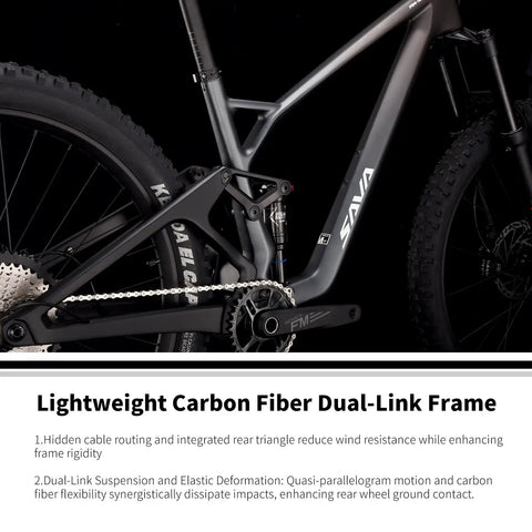 Close-up of the dual-link frame of the Carbon Fiber Full Suspension Mountain Bike With Fox Front Fork For All Terrain Off Road Enduro Riding 12 Speed M6100 Firepower Orange 29 Inch Wheels Lightweight Dual Link Frame Trail Beast.