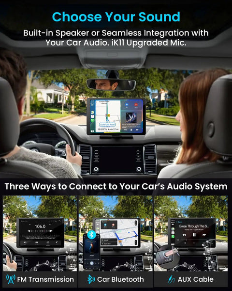 Ultra Slim 11 Inch Wireless CarPlay Screen For Cars With Android Auto And 4K Dash Cam shown in car interior