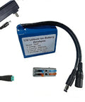 12V 5000mAh Rechargeable Lithium Ion Battery Pack With 2A Fast Charger, connectors, and battery cable visible.