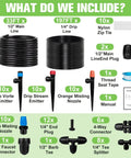 Components of 230 Ft Drip Irrigation Kit With Forty Emitters And Adjustable Sprinklers All In One Garden Water Saving System displayed.