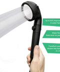 Person holding matte black spa-style shower head spraying water with text benefits, Upgrade Your Shower With Spa Like Ionic Filter To Soften Water, Boost Pressure, And Save Water, 3 In 1 Spray Jetting, Rainfall, And Massage, Includes 4 In 1 Wall Adapter Kit, Matte Black.