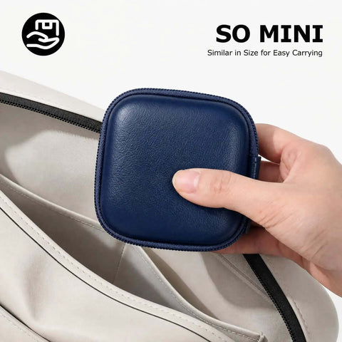 Dang Slick PU Leather And Eva Hard Shell Earbud Case For AirPods And Wireless Pods in hand, showing compact size and blue color.
