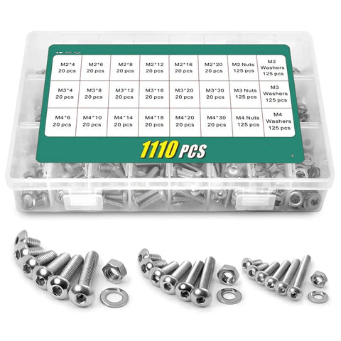 Over 1100 Pieces 304 Stainless Steel Button Head Socket Cap Screws, Nuts, Washers Kit M2 M3 M4 for DIY Projects and Repairs, Heavy Duty Hardware Set Built to Last for Automotive and Home Improvement Use; assorted M2-M4 screws, nuts, washers in organizer