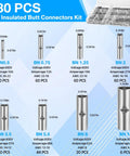 380 Pcs Non Insulated Butt Connectors displayed, with sizes and specifications, part of All In One Wiring Repair Kit.