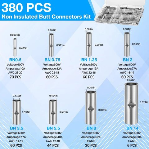 380 Pcs Non Insulated Butt Connectors displayed, with sizes and specifications, part of All In One Wiring Repair Kit.