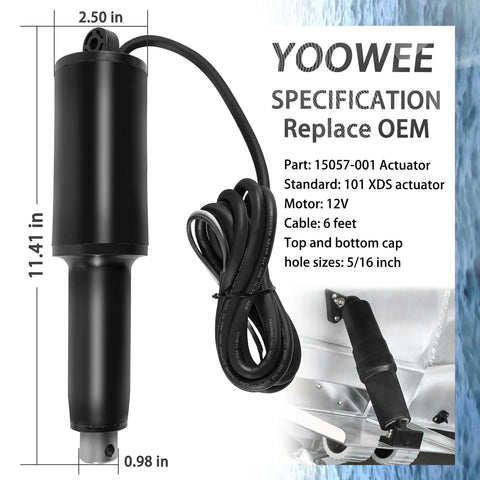 Trim Tab Actuator Beefy Heavy Duty Short Replacement For Boats 12V With Two And A Quarter Inch Stroke Ten Point Eight Inch Overall Length Six Foot Cable Five Sixteenths Inch Mounting Hardware Replaces 15057 001 And 20402 001 depicted with dimensions and specifications.