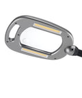 Close-up of MultiFlex LED Floor Magnifier Lamp with Ultra Wide 6 Inch Viewing Area, 6X Bifocal Lens, Silver Finish, COB LEDs.