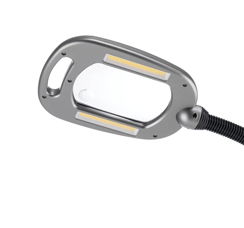 Close-up of MultiFlex LED Floor Magnifier Lamp with Ultra Wide 6 Inch Viewing Area, 6X Bifocal Lens, Silver Finish, COB LEDs.