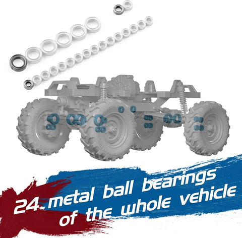 Badass One Twenty Four Scale Rc Crawler With Portal Axles And Two Speed Transmission showing 24 metal ball bearings on a crawler chassis.