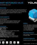 Smart motorized valve product specifications and features outline on a black background with a blue valve image.