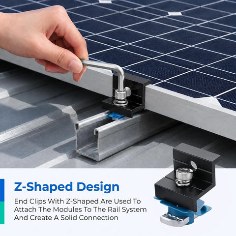 Top Shelf Black Solar Panel Clamps And End Mount Hardware Kit Compatible With Standard Unistrut Rails Featuring Pre Assembled Channel Nuts And A Hex Wrench For A No Fuss Diy Install, Z-shaped design in use.