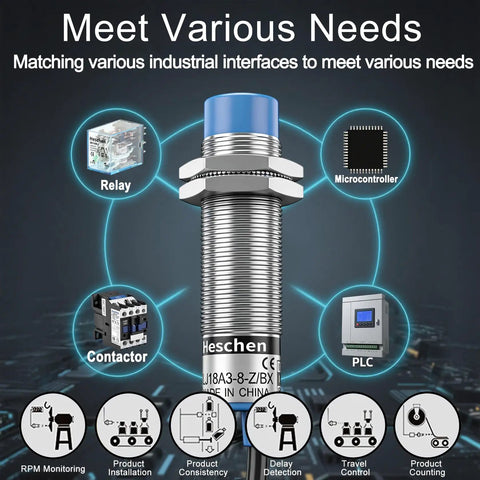 Inductive Proximity Sensor Switch No Fuss 8mm Detection Distance Non Shield Type Three Wire NPN Normally Open 10 To 30 VDC 200 mA Output M18 Mount LJ18A3 8 Z BX Blue Body, blue-capped metal sensor