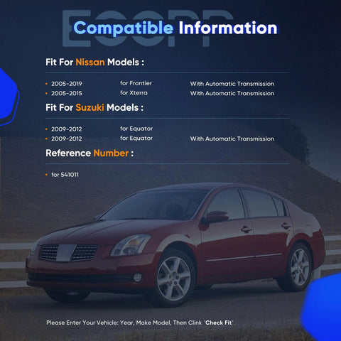 Car with text about compatibility for Nissan Frontier 2005-2019, Nissan Xterra 2005-2015, Suzuki Equator 2009-2012 for OE 541011