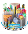 Six-Compartment Spinning Acrylic Desk Organizer for Kids and Crafters, 360 Degree Lazy Susan Pen Pouch fully stocked with supplies
