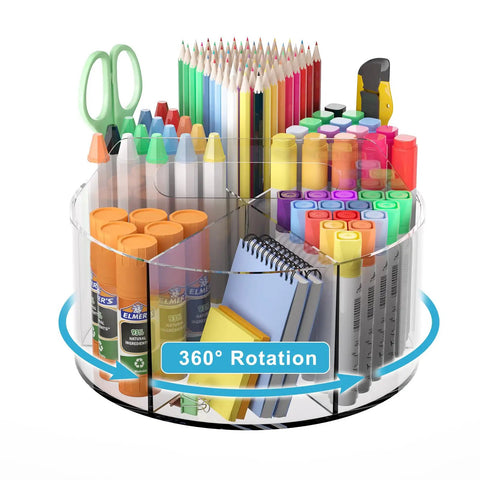 Six-Compartment Spinning Acrylic Desk Organizer for Kids and Crafters, 360 Degree Lazy Susan Pen Pouch fully stocked with supplies