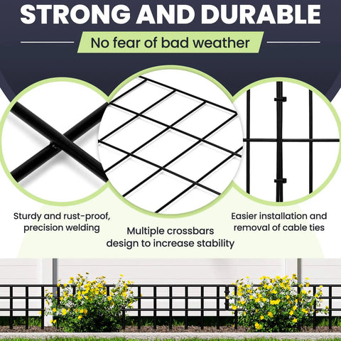 Diagram showing No Dig Fence Panels 14 Pack with sturdy crossbar design for garden barriers, rust-proof metal, and easy installation.