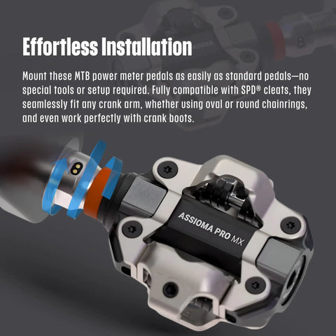 Assioma Pro MX1 upgraded single sided power meter pedal with SPD cleat and Bluetooth ANT Plus connectivity for seamless training.