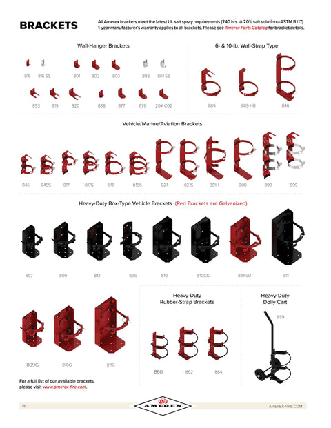 Chart of various vehicle fire extinguisher brackets including heavy duty 7 inch diameter vehicle fire extinguisher bracket, steel mount with powder black finish.