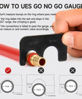 Using a Go No Go gauge on PEX pipe with crimp ring, related to Angle Head PEX Crimping Tool for Copper Rings 1/2 and 3/4 Inch IWS-1234C.