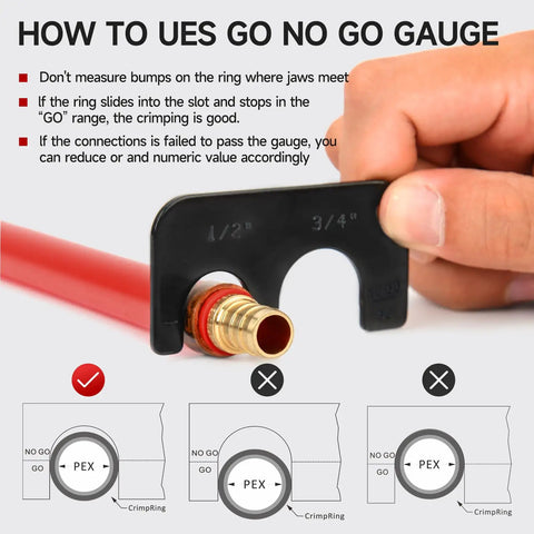 Person using Go No Go gauge from Two PEX Copper Ring Crimp Tools For One Half To Three Quarters Inch PEX Lines With Cutter Tight Space Friendly ASTM F1807 Compliant Heavy Duty Tool Steel Includes Go No Go Gauge.