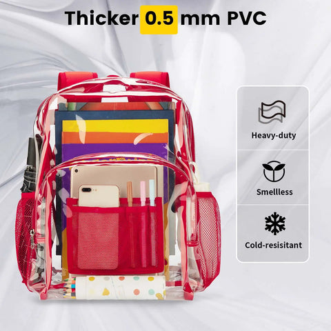 Heavy Duty Clear Backpack With Thick Smellless PVC visible with red accents, showcasing durable see-through design for easy checks.