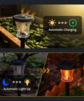 Lit Glass Solar Torch Lights Outdoor Waterproof Flickering Flame Tiki Torches With Modular Design Auto On Off LED Solar Lights for gardens shown in automatic charging and light-up modes.