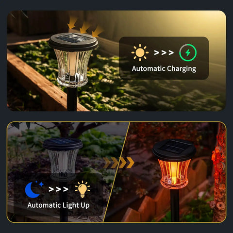 Lit Glass Solar Torch Lights Outdoor Waterproof Flickering Flame Tiki Torches With Modular Design Auto On Off LED Solar Lights for gardens shown in automatic charging and light-up modes.