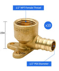 10 Pack Drop Ear Elbow Fittings For PEX 1/2 In X 1/2 In NPT Female Threads, Brass Full Port Crimp Adapters, Lead Free Plumbing Connectors