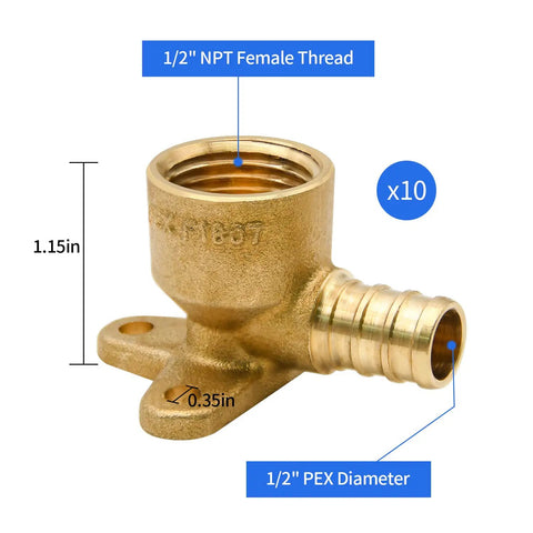 10 Pack Drop Ear Elbow Fittings For PEX 1/2 In X 1/2 In NPT Female Threads, Brass Full Port Crimp Adapters, Lead Free Plumbing Connectors