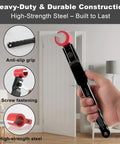 Hand holding Six In One Door Hinge Adjustment Tool with anti-slip grip and high-strength steel for hinges 0.39-0.98 inches.