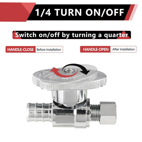 Pack Of Ten Quarter Turn Straight Stop Valves For PEX Tubing Three Eighths Inch OD Compression To One Half Inch Crimp Barb Brass Chrome
