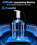 Rechargeable 5 Gallon Water Dispenser Pump With USB-C Fast Flow Electric Jug Pump Portable Submersible For Camping And Home Quiet Operation White No Hassle Setup And Easy Hands Free Water Access on a 5-gallon jug with battery indicator and multiple water bottles around