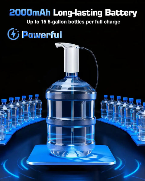 Rechargeable 5 Gallon Water Dispenser Pump With USB-C Fast Flow Electric Jug Pump Portable Submersible For Camping And Home Quiet Operation White No Hassle Setup And Easy Hands Free Water Access on a 5-gallon jug with battery indicator and multiple water bottles around