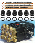 Front view of a 6-pack pressure washer check valve kit with six O-rings beside a brass-manifold pump.