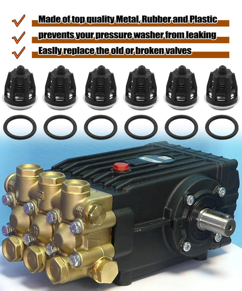 Front view of a 6-pack pressure washer check valve kit with six O-rings beside a brass-manifold pump.
