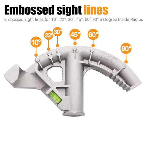 Aluminum Die Cast Conduit Bender Tool for Three Quarters Inch EMT and One Half Inch Rigid Pipe with embossed sight lines and level gauge