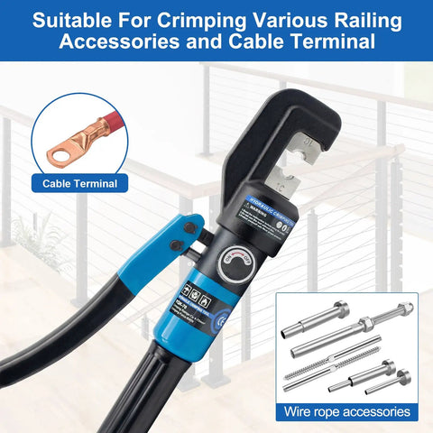 Heavy Duty 10 Ton Hydraulic Crimping Tool Kit With 13 Dies, Battery Cable Crimper showing crimping head and accessories.