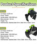 Product specifications for Quick Slice Handheld Electric Pipe Cutter Adjustable 3200RPM detailing R220 and R400 models.