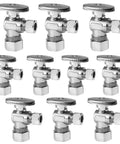 Ten Pack Angle Compression Stop Valves with chrome finish, quarter turn mechanism, lead free brass, for plumbing use.