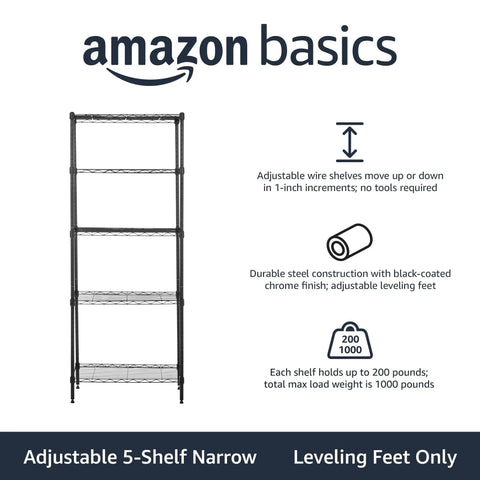 Heavy Duty Wire Shelving Rack Adjustable Five Tier Garage Storage Organizer Unit With Tool Supply Holder Black Finish Workhorse Wire Frame No Sweat Assembly For Shop Or Basement