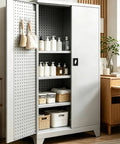 Rock Solid Industrial Rolling Tool Storage Cabinet With Thick Reinforced Drawers Built Like A Tank For Pro Trades with open shelves and baskets.