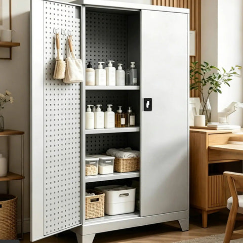 Rock Solid Industrial Rolling Tool Storage Cabinet With Thick Reinforced Drawers Built Like A Tank For Pro Trades with open shelves and baskets.